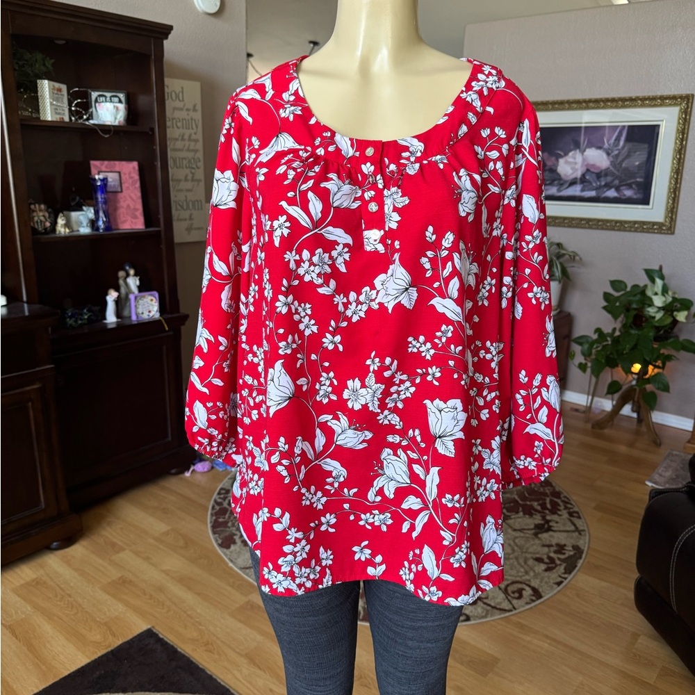 Adrienne Vittadini red, white & black long sleeve blouse-size XXL